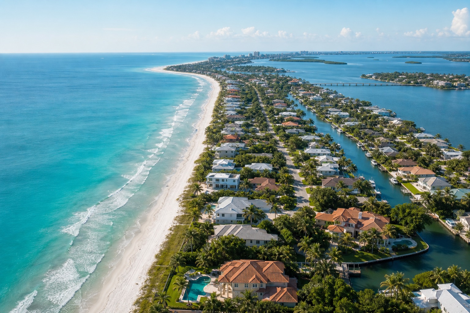 Aerial view of Florida Gulf Coast waterfront neighborhoods