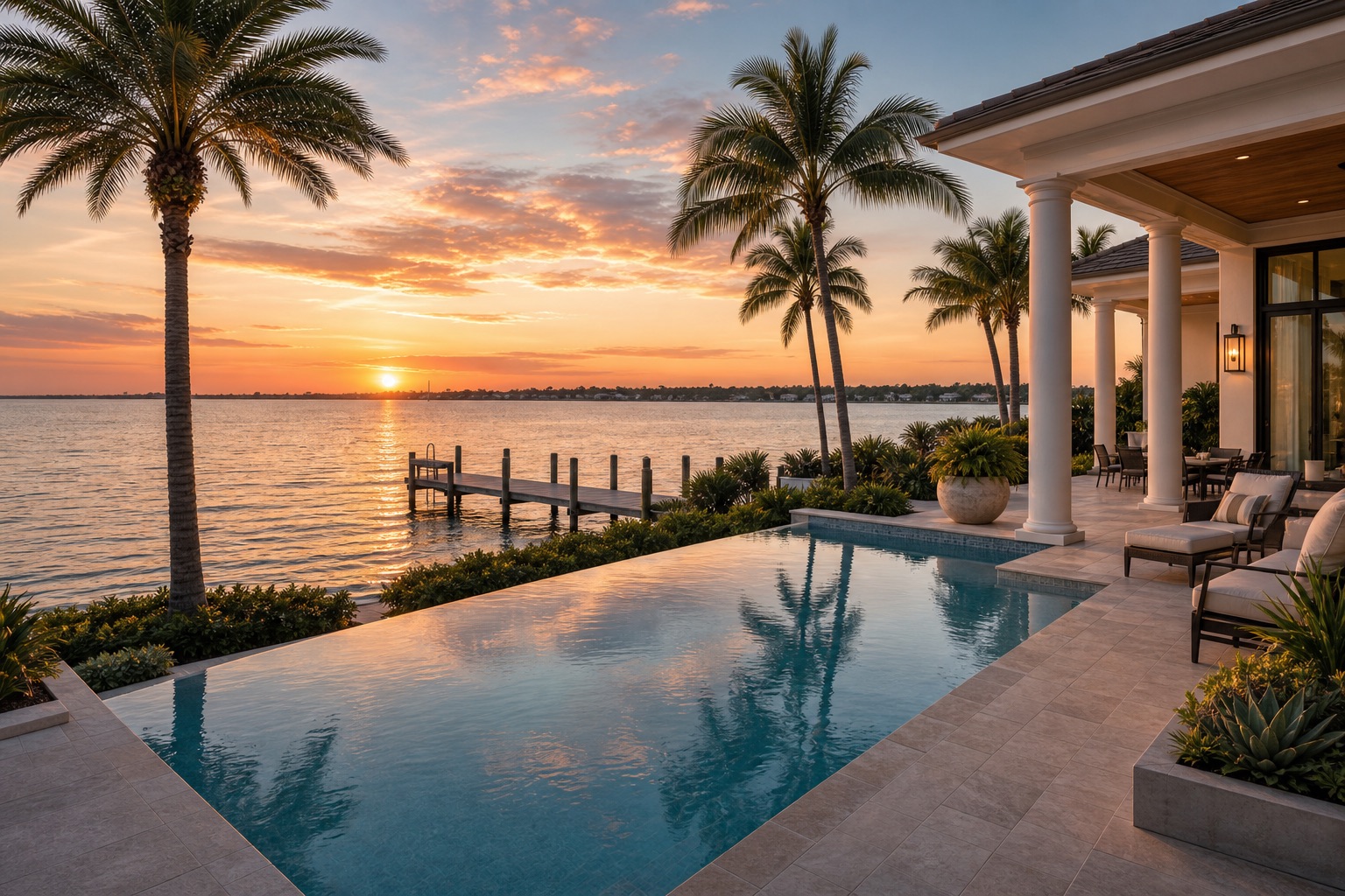 Luxury waterfront terrace at sunset