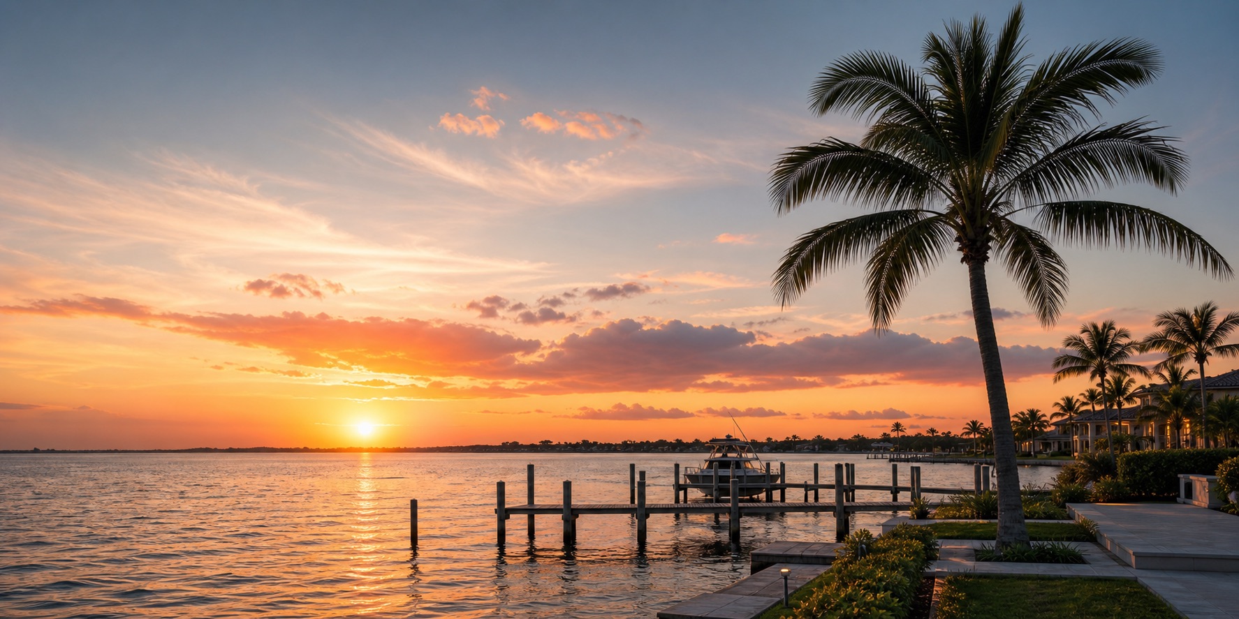 Tampa Bay waterfront sunset with palms and marina