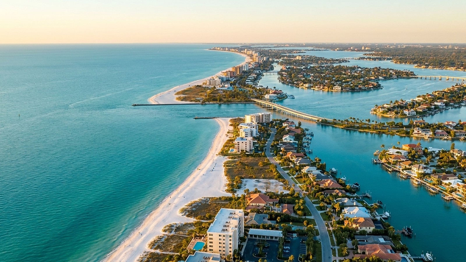 Aerial view of the Tampa Bay, Florida Gulf coastline at golden hour