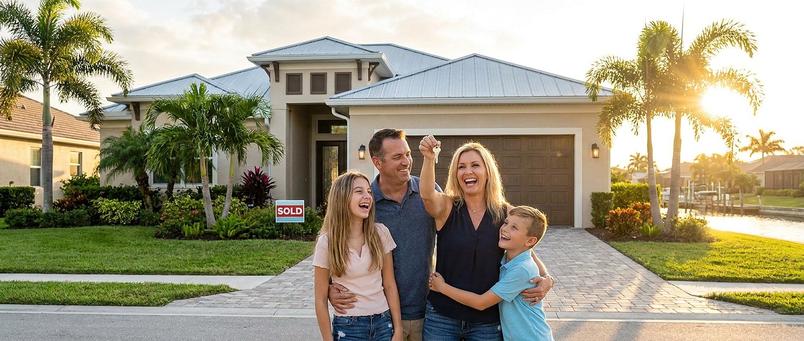 A happy family with keys in front of their new Tampa Bay home