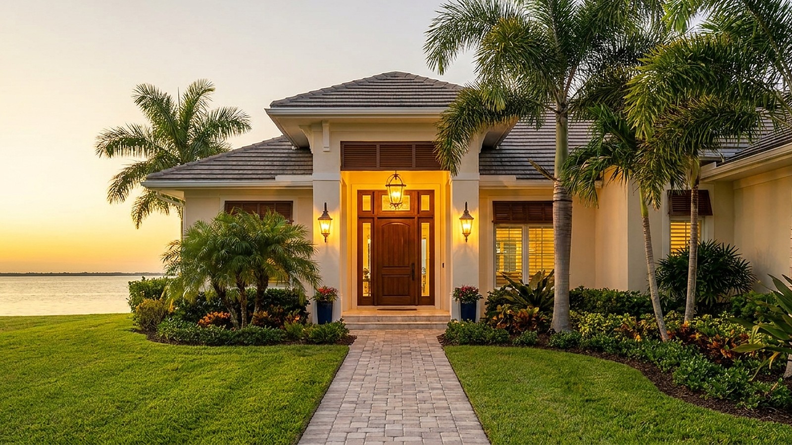 Elegant Florida Gulf-coast luxury home entrance at golden hour