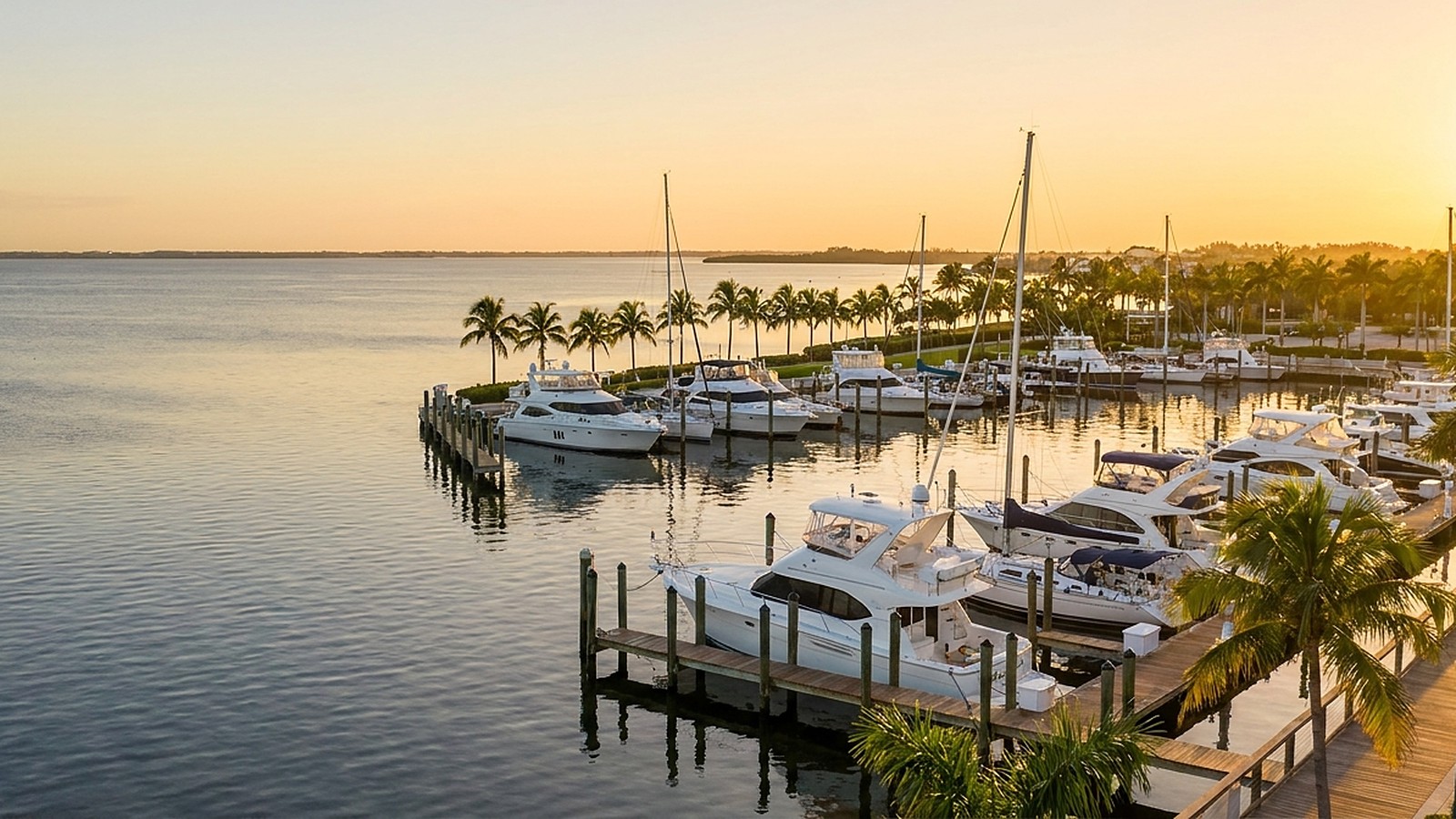 Florida Gulf-coast marina and waterfront at golden hour