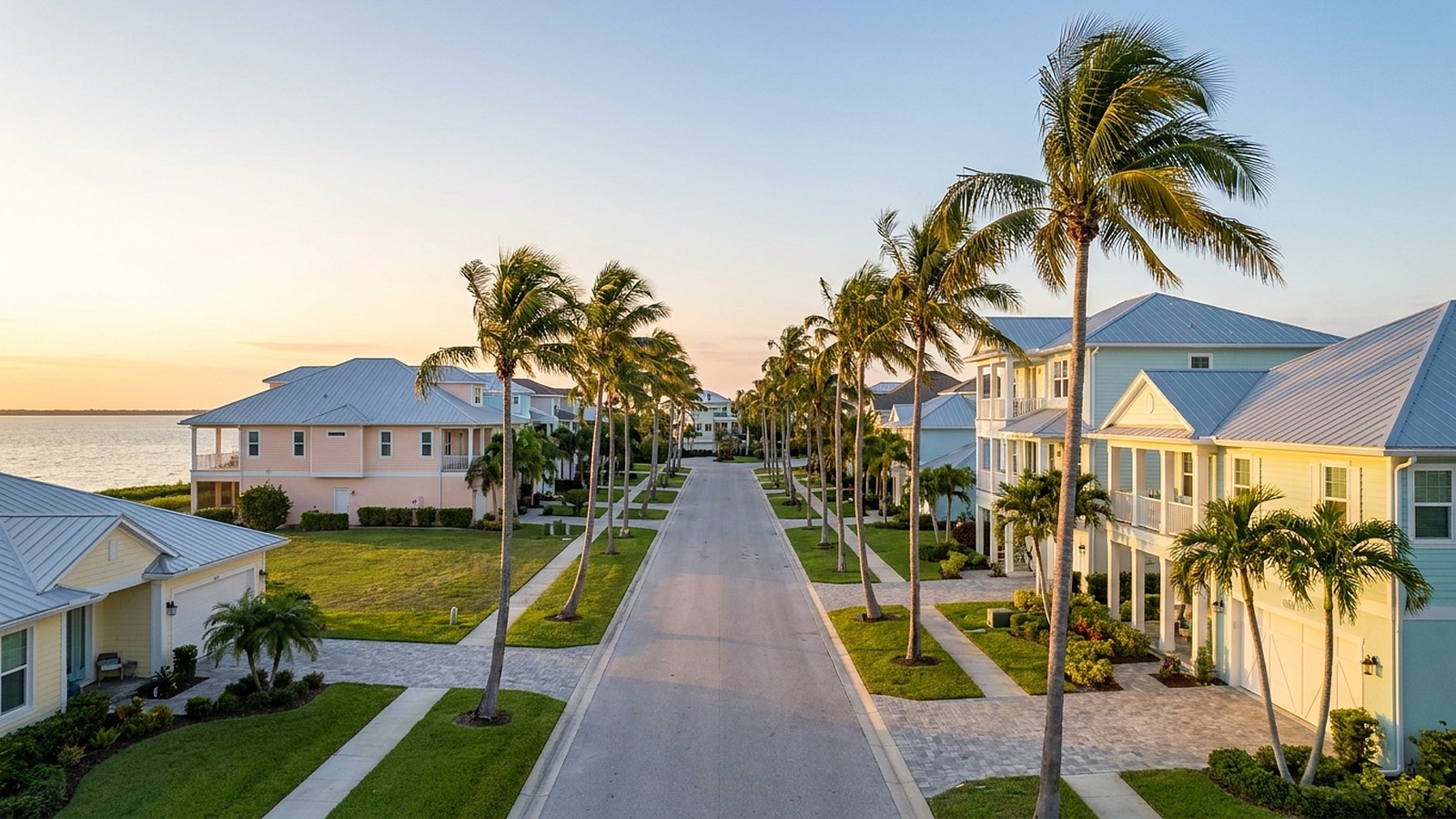 Palm-lined Florida Gulf-coast neighborhood street at golden hour