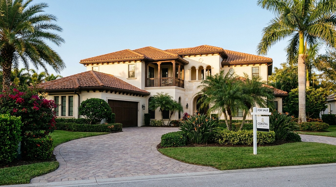 An elegant Tampa Bay home with a For Sale sign in the front yard