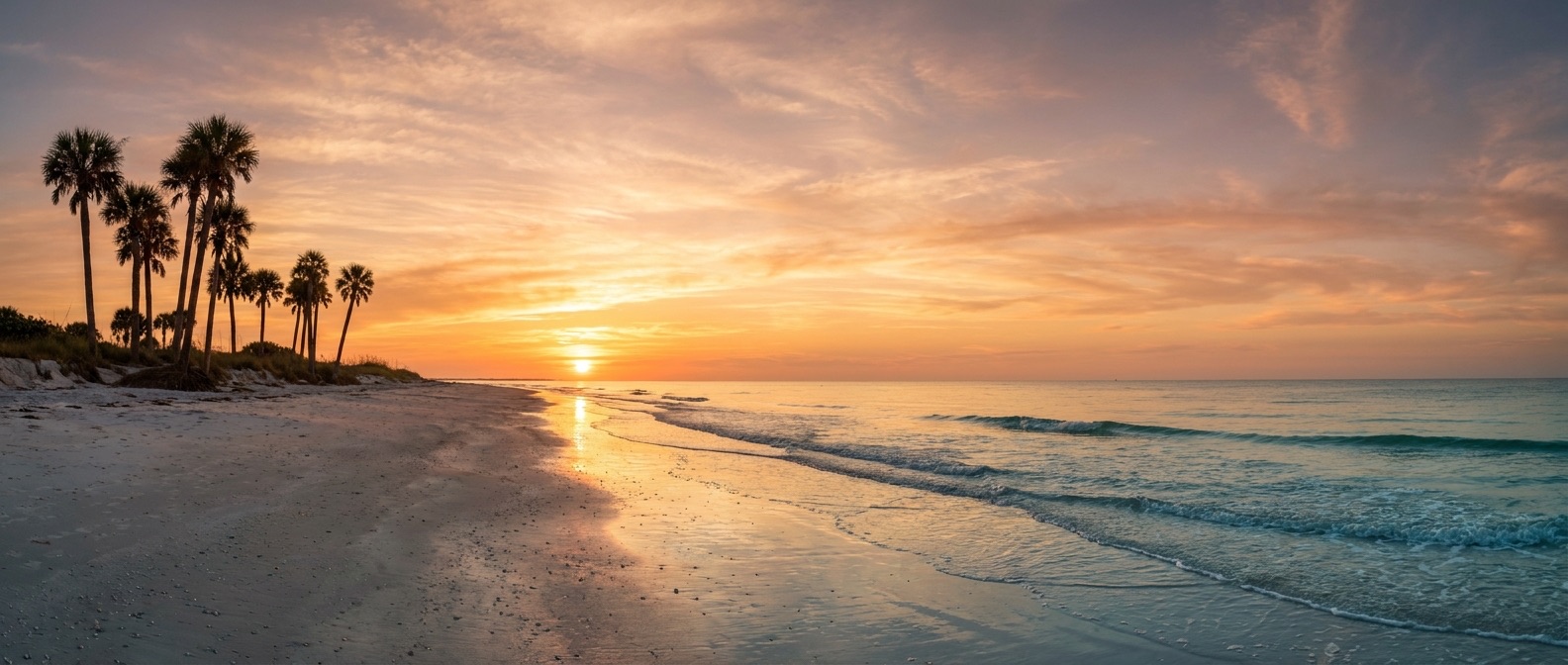 A Florida Gulf Coast beach at golden-hour sunset